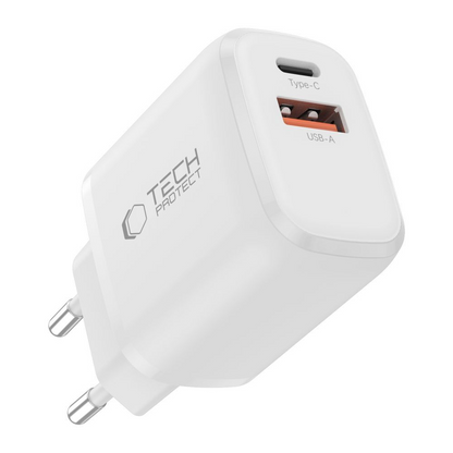 Netlader met Lightning-kabel Tech-Protect NCA20, 20W, 3A, 1 x USB-A - 1 x USB-C, Wit
