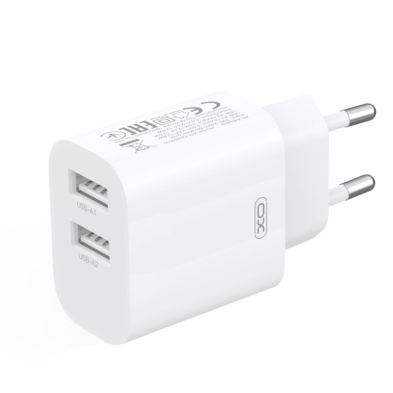 XO Design CE55-netoplader met Lightning-kabel, 12 W, 2,4 A, 2 x USB-A, wit