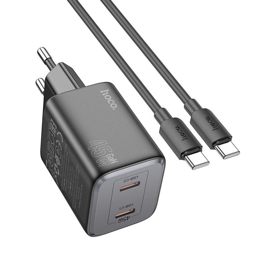 Netwerkoplader met USB-C kabel HOCO N42, 45W, 3A, 2 x USB-C, Zwart 