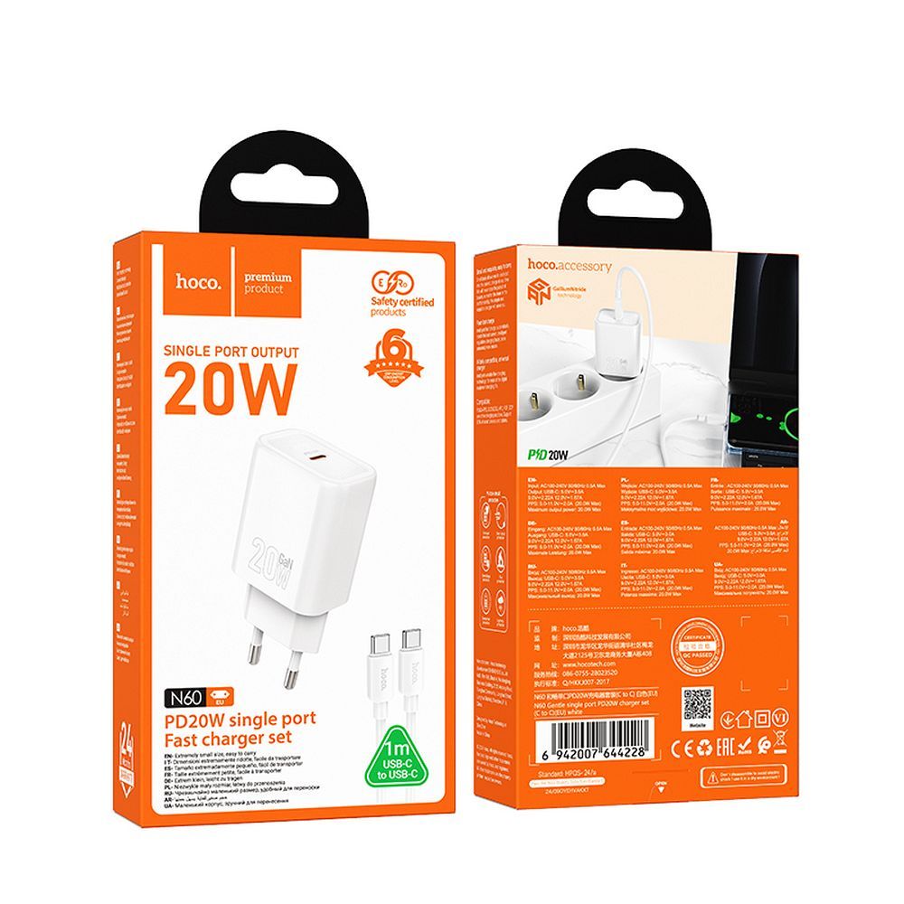 Netwerkoplader met USB-C Kabel HOCO N60, 20W, 3A, 1 x USB-C, Wit