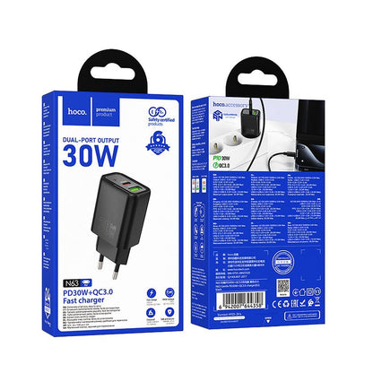 Netwerkoplader HOCO N63, 30W, 3A, 1 x USB-A - 1 x USB-C, Zwart