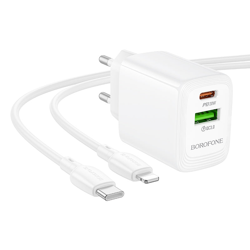 Netwerkoplader met Lightning-kabel Borofone BN27 Fuente, 20W, 3A, 1 x USB-A - 1 x USB-C, Wit