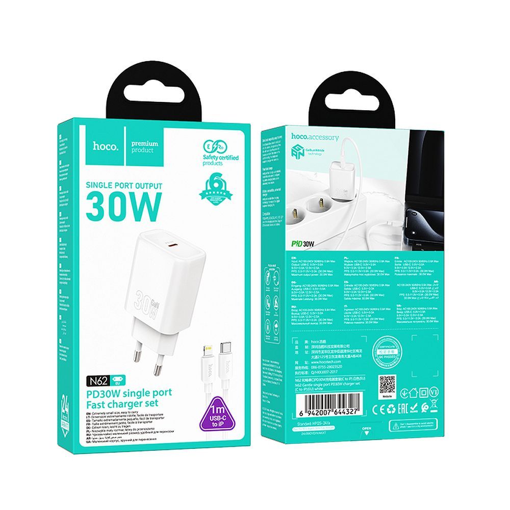 Netwerkoplader met Lightning-kabel HOCO N62, 30W, 3A, 1 x USB-C, Wit
