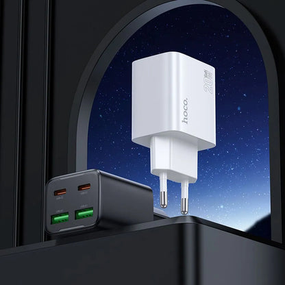 Netwerkoplader met USB-C Kabel HOCO N55, 20W, 3A, 2 x USB-A - 2 x USB-C, Wit