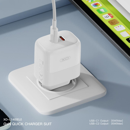 Netwerkoplader met Lightning-kabel XO Design L140, 35W, 3A, 2 x USB-C, Wit