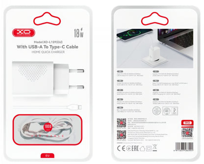 Netwerkoplader met USB-C Kabel XO Design L159, 18W, 3A, 1 x USB-A, Wit