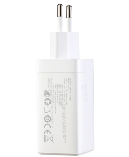 Netwerkoplader met USB-C Kabel Joyroom JR-TG10, 65W, 3.25A, 1 x USB-A - 2 x USB-C, Wit