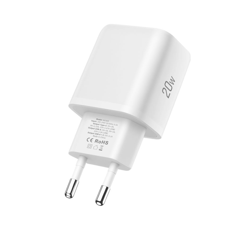 Netlader met Lightning-kabel Tech-Protect NCA20, 20W, 3A, 1 x USB-A - 1 x USB-C, Wit