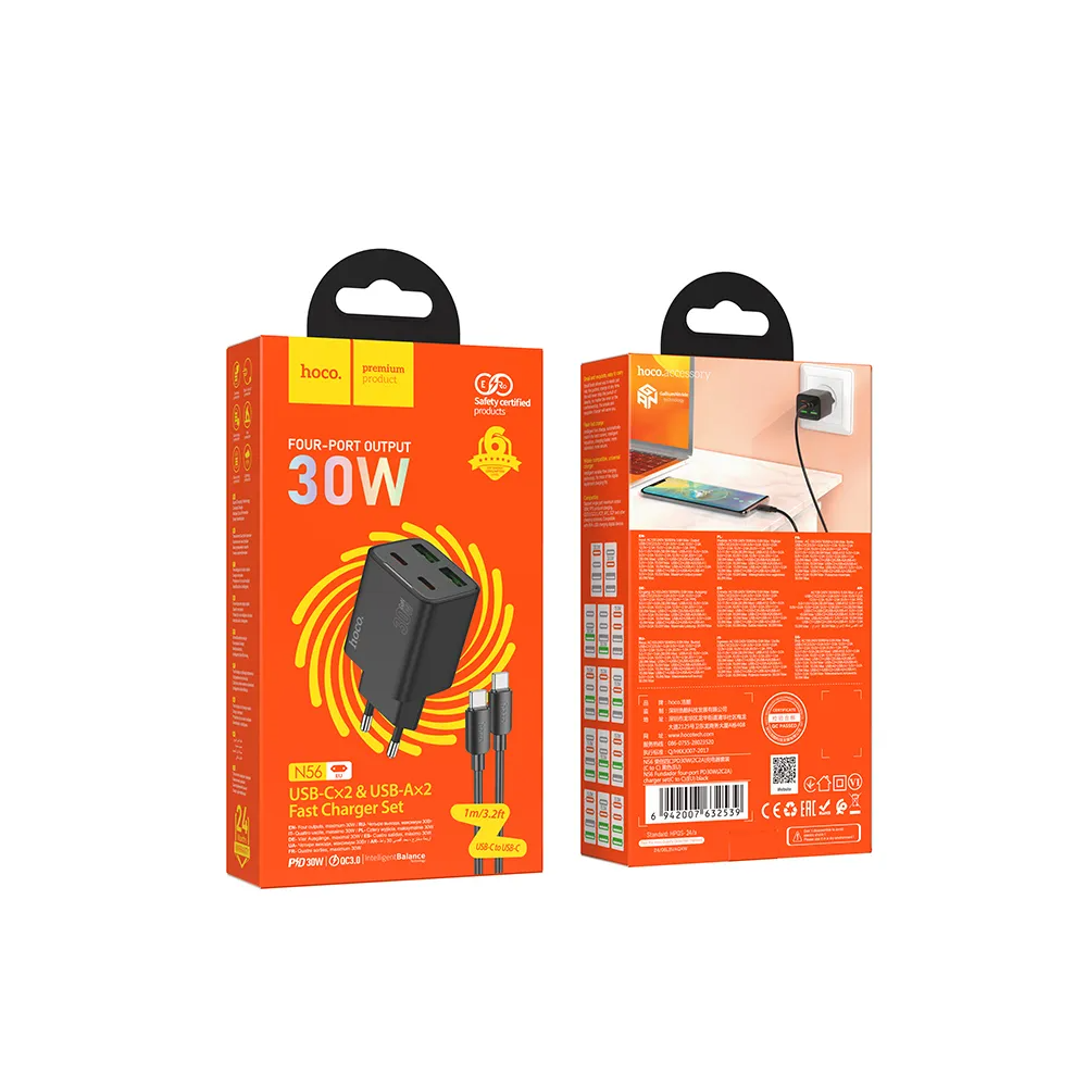 Netwerkoplader met USB-C Kabel HOCO N56, 30W, 3A, 2 x USB-A - 2 x USB-C, Zwart
