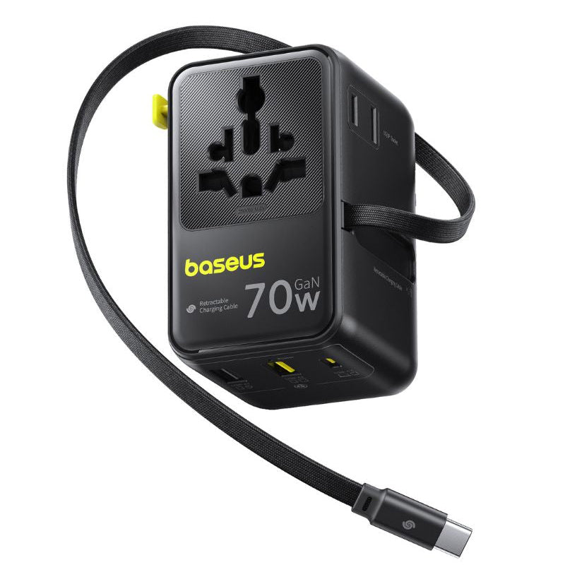 Netlader met USB-C-kabel Baseus Travel EnerCore CG11, 70W, 2 x Stopcontact - 1 x USB-C - 2 x USB-A, Zwart E0307E00