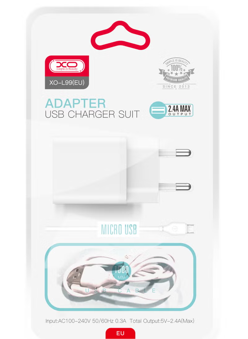 Netwerkoplader met microUSB-kabel XO Design L99, 12W, 2.4A, 1 x USB-A, Wit
