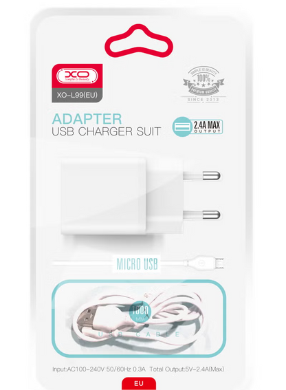 Netwerkoplader met microUSB-kabel XO Design L99, 12W, 2.4A, 1 x USB-A, Wit
