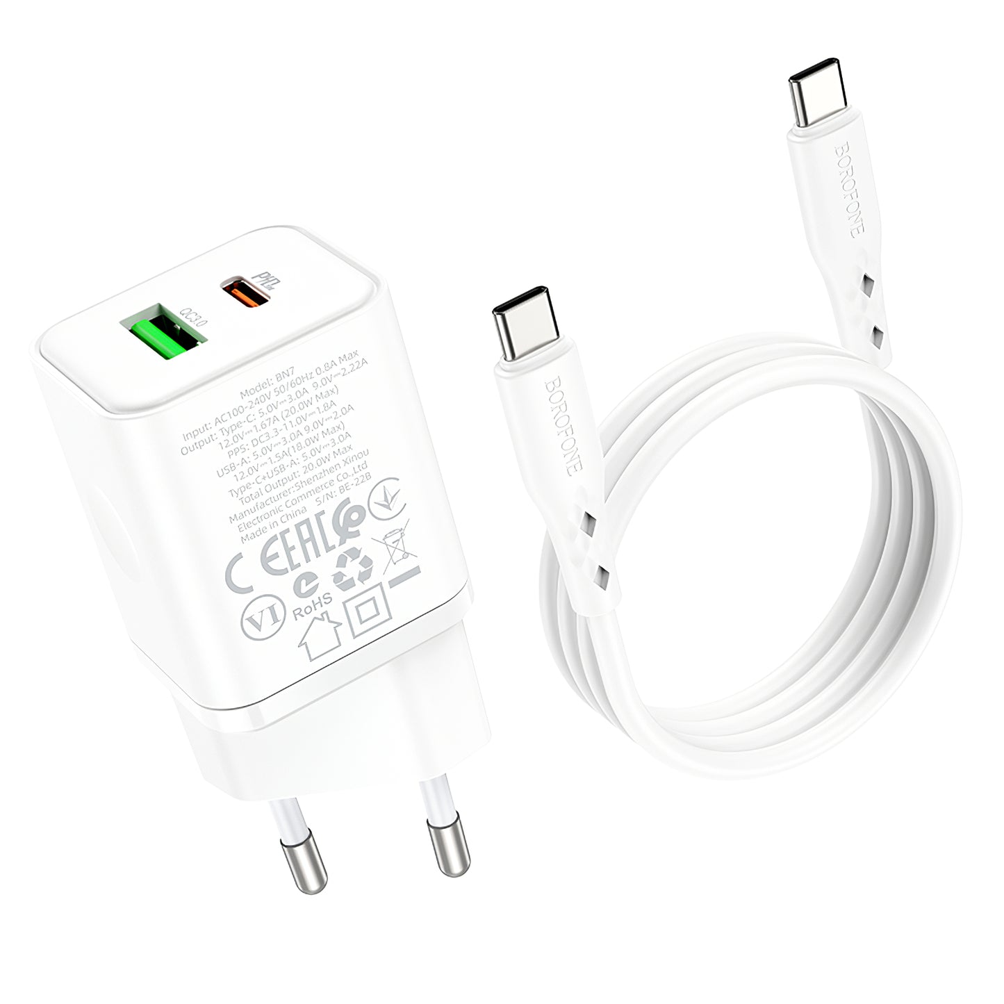 Netwerkoplader met USB-C kabel Borofone BN7, 20W, 3A, 1 x USB-A - 1 x USB-C, Wit 