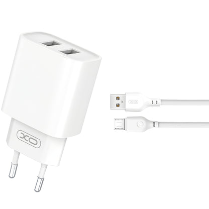 Netwerkoplader met microUSB-kabel XO Design CE02C, 10,5 W, 2,1A, 2 x USB-A, Wit 