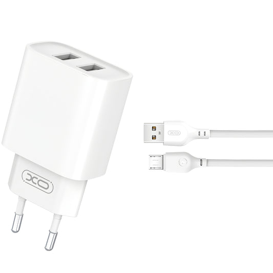 Network Charger with microUSB Cable XO Design CE02C, 10.5W, 2.1A, 2 x USB-A, White 