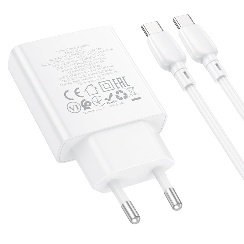 Netwerkoplader met USB-C kabel Borofone BN25 Wish, 30W, 3A, 1 x USB-A - 1 x USB-C, Wit 