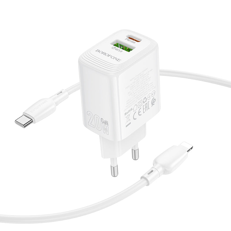 Netwerkoplader met Lightning-kabel Borofone BN27 Fuente, 20W, 3A, 1 x USB-A - 1 x USB-C, Wit