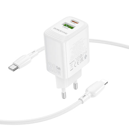 Netwerkoplader met Lightning-kabel Borofone BN27 Fuente, 20W, 3A, 1 x USB-A - 1 x USB-C, Wit