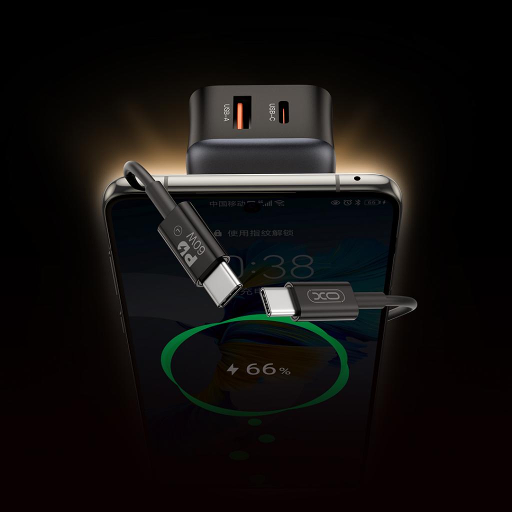 Netwerkoplader met USB-C Kabel XO Design L154, 20W, 3A, 1 x USB-A - 1 x USB-C, Zwart