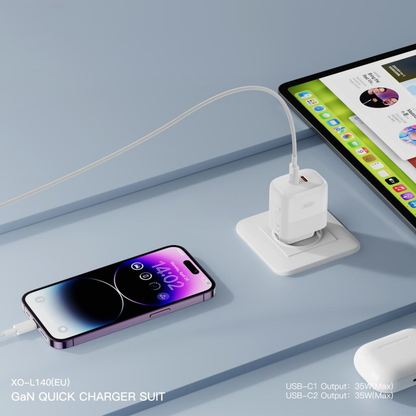 Netwerkoplader met Lightning-kabel XO Design L140, 35W, 3A, 2 x USB-C, Wit