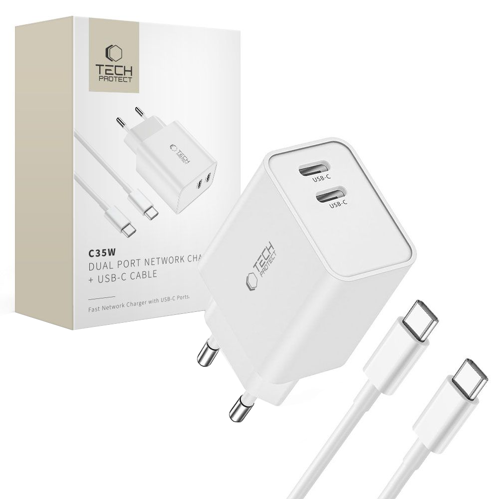 Netlader met USB-C-kabel Tech-Protect C35W, 35W, 3A, 2 x USB-C, Wit