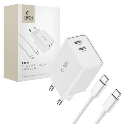 Netlader met USB-C-kabel Tech-Protect C35W, 35W, 3A, 2 x USB-C, Wit