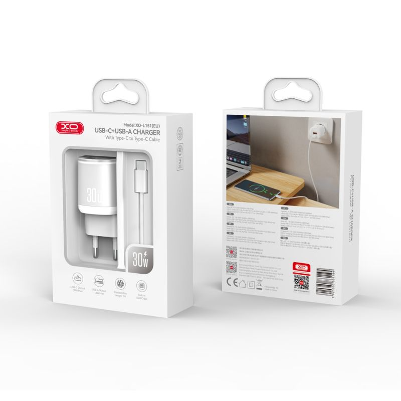 Netwerkoplader met USB-C Kabel XO Design L151, 30W, 3A, 1 x USB-A - 1 x USB-C, Wit