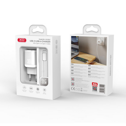 Netwerkoplader met USB-C Kabel XO Design L151, 30W, 3A, 1 x USB-A - 1 x USB-C, Wit