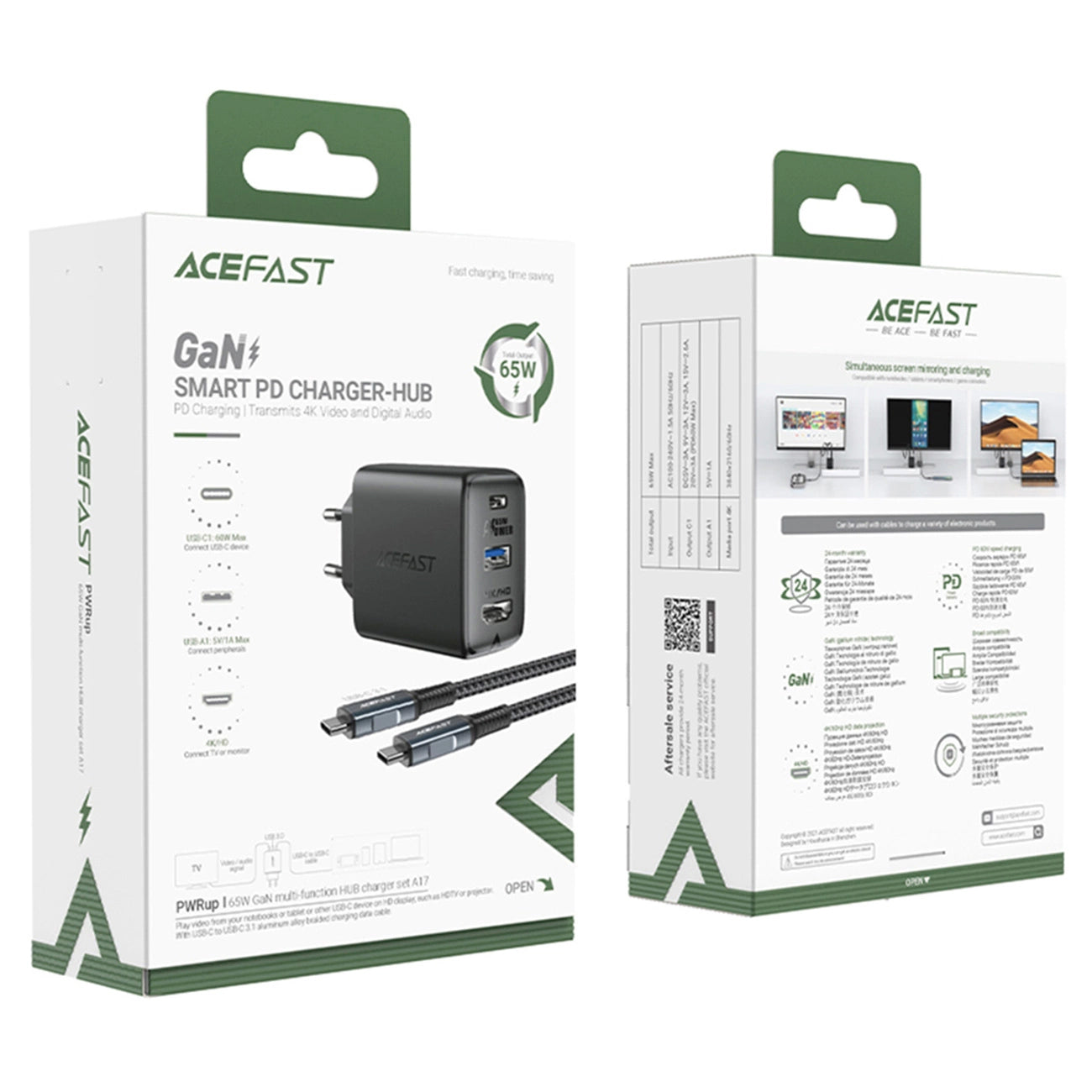 Netwerkkabellader Acefast A17 TV Hub, 65W, 3A, 1 x HDMI - 1 x USB-A - 1 x USB-C, Zwart 