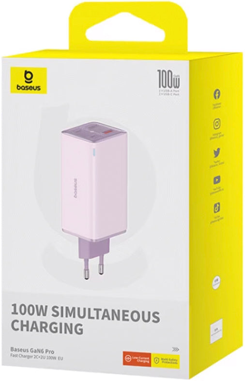 Netwerkoplader met USB-C Kabel Baseus GaN6 Pro, 100W, 3.25A, 2 x USB-A - 2 x USB-C, Paars P10162705532-00