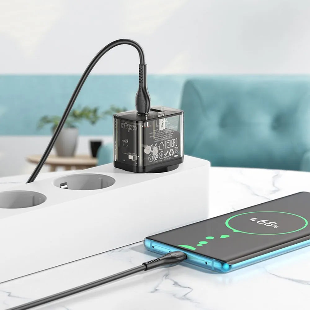 Netwerkoplader met USB-C Kabel HOCO N34, 20W, 3A, 1 x USB-A - 1 x USB-C, Transparant