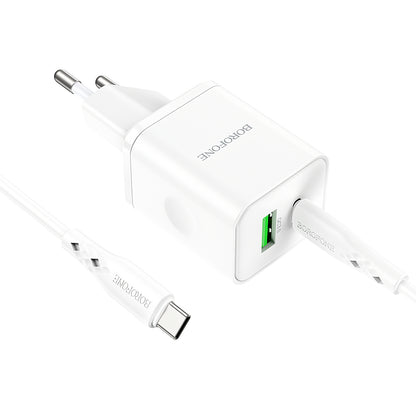 Netwerkoplader met USB-C kabel Borofone BN7, 20W, 3A, 1 x USB-A - 1 x USB-C, Wit 