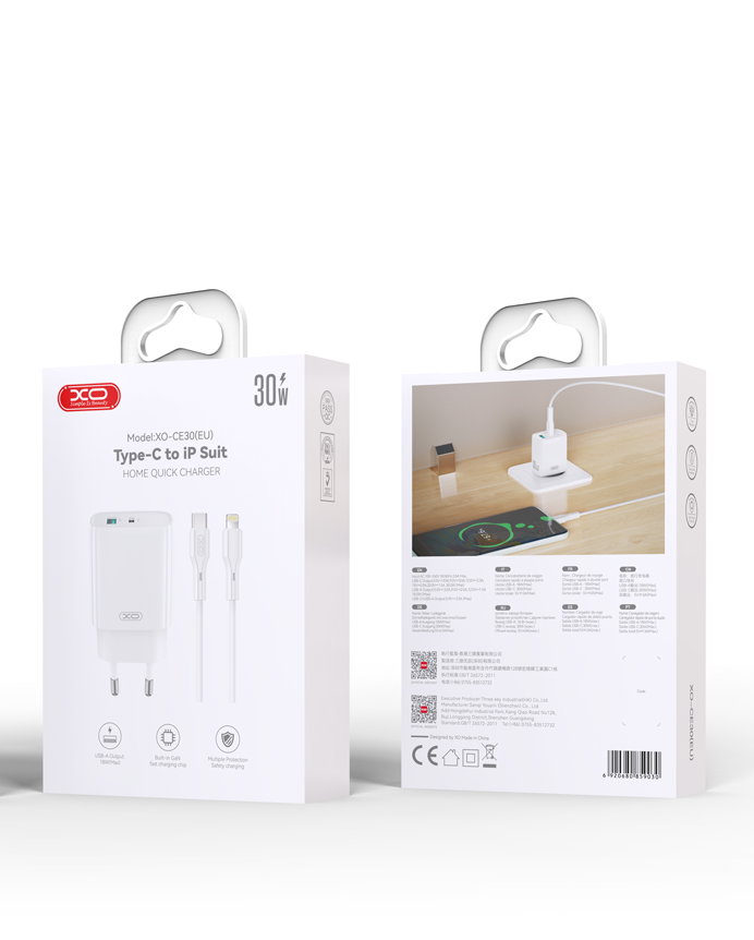 Netwerkoplader met Lightning-kabel XO Design CE30, 30W, 3A, 1 x USB-A - 1 x USB-C, Wit