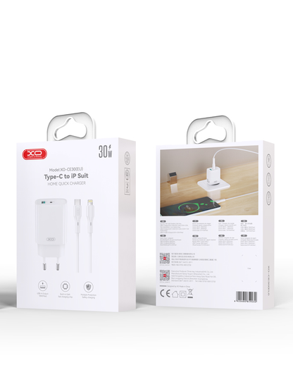 Netwerkoplader met Lightning-kabel XO Design CE30, 30W, 3A, 1 x USB-A - 1 x USB-C, Wit