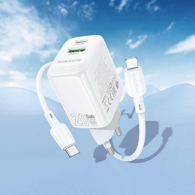 Netwerkoplader met Lightning-kabel Borofone BN27 Fuente, 20W, 3A, 1 x USB-A - 1 x USB-C, Wit