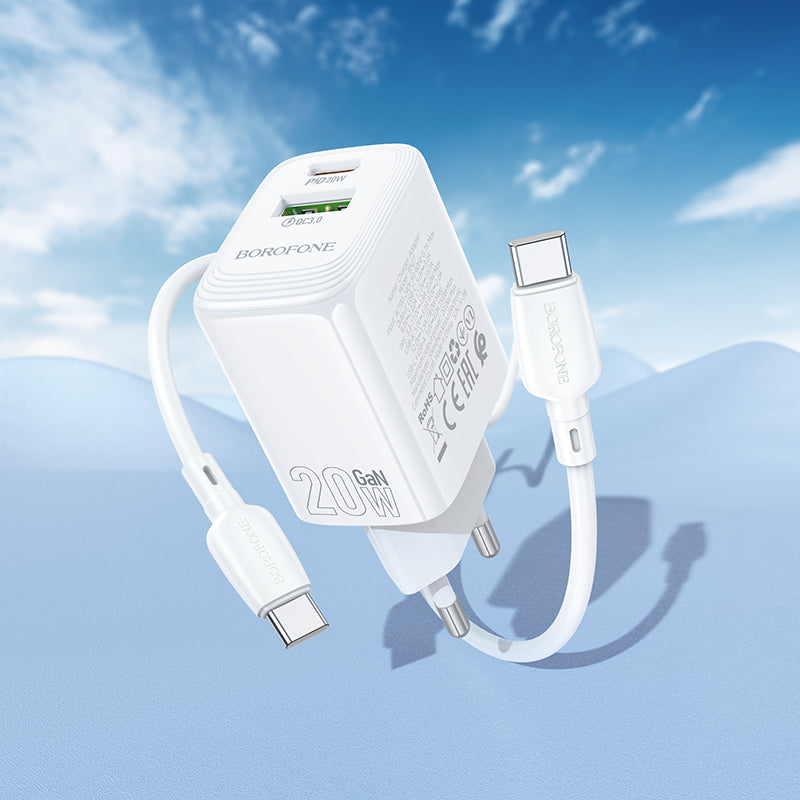 Network Charger with USB-C Cable Borofone BN27 Fuente, 20W, 3A, 1 x USB-A - 1 x USB-C, White