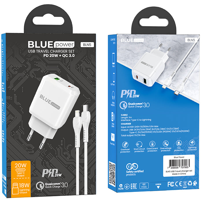 BLUE Power BLN5, 20W, 3A, 1 x USB-A - 1 x USB-C, Wit