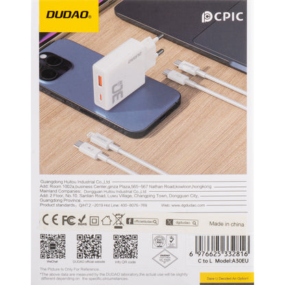 Dudao A30EUL Netwerkoplader met Lightning-kabel, 30 W, 3 A, 1 x USB-A - 1 x USB-C, Wit 