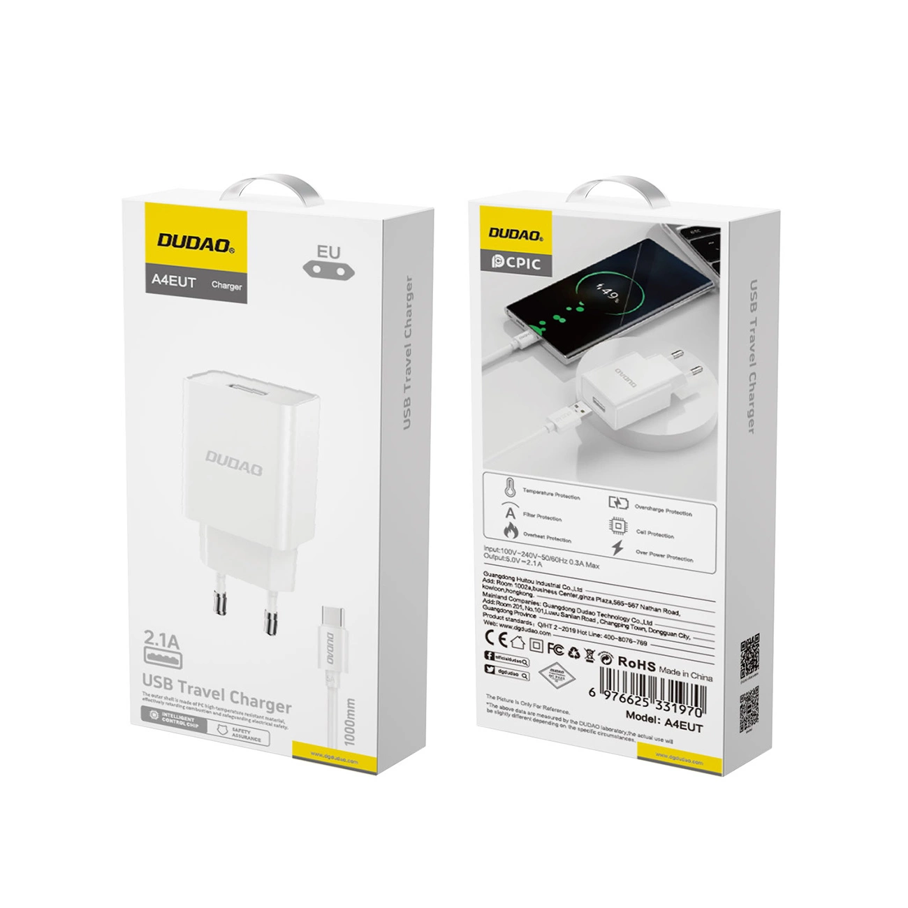 Netwerkoplader met USB-C Kabel Dudao A4EU, 10W, 2.1A, 1 x USB-A, Wit