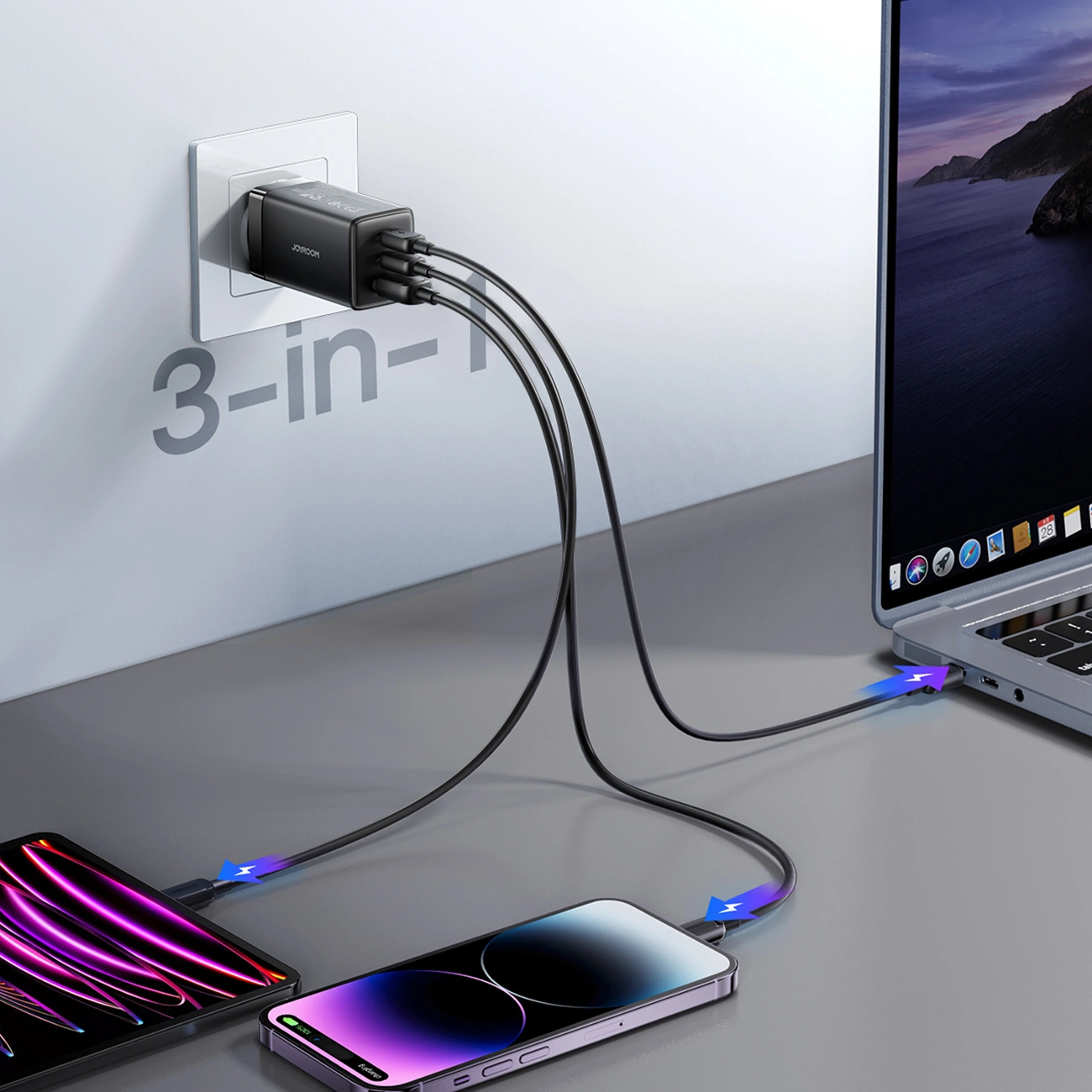 Netlader met USB-C-kabel Joyroom JR-TG10, 65W, 3,25A, 1 x USB-A - 2 x USB-C, Zwart