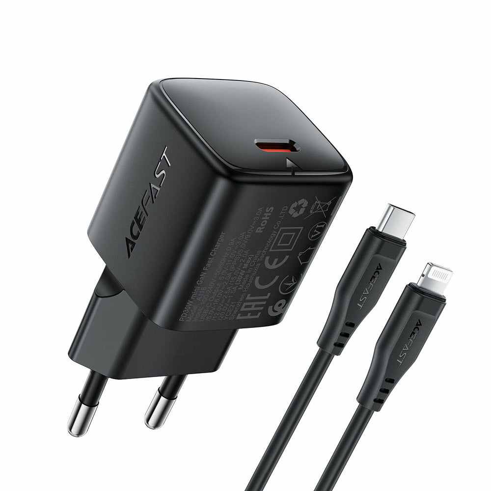 Netlader met Lightning-kabel Acefast A118, 30W, 3A, 1 x USB-C, Zwart