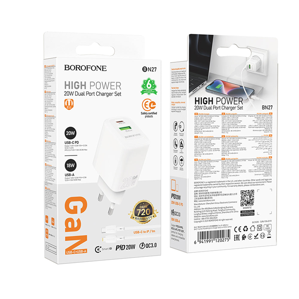 Netwerkoplader met Lightning-kabel Borofone BN27 Fuente, 20W, 3A, 1 x USB-A - 1 x USB-C, Wit