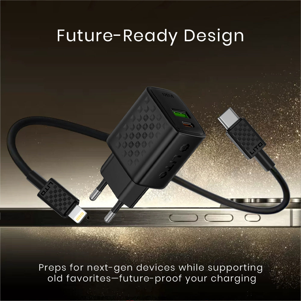 Netwerkoplader met Lightning-kabel Lito LC15L, 20W, 3A, 1 x USB-A - 1 x USB-C, Zwart