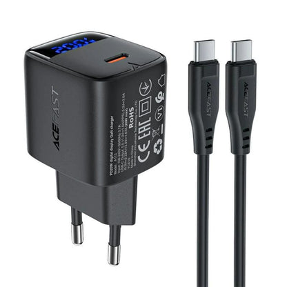 Netwerkoplader met USB-C Kabel Acefast A113 Display, 20W, 3A, 1 x USB-C, Zwart