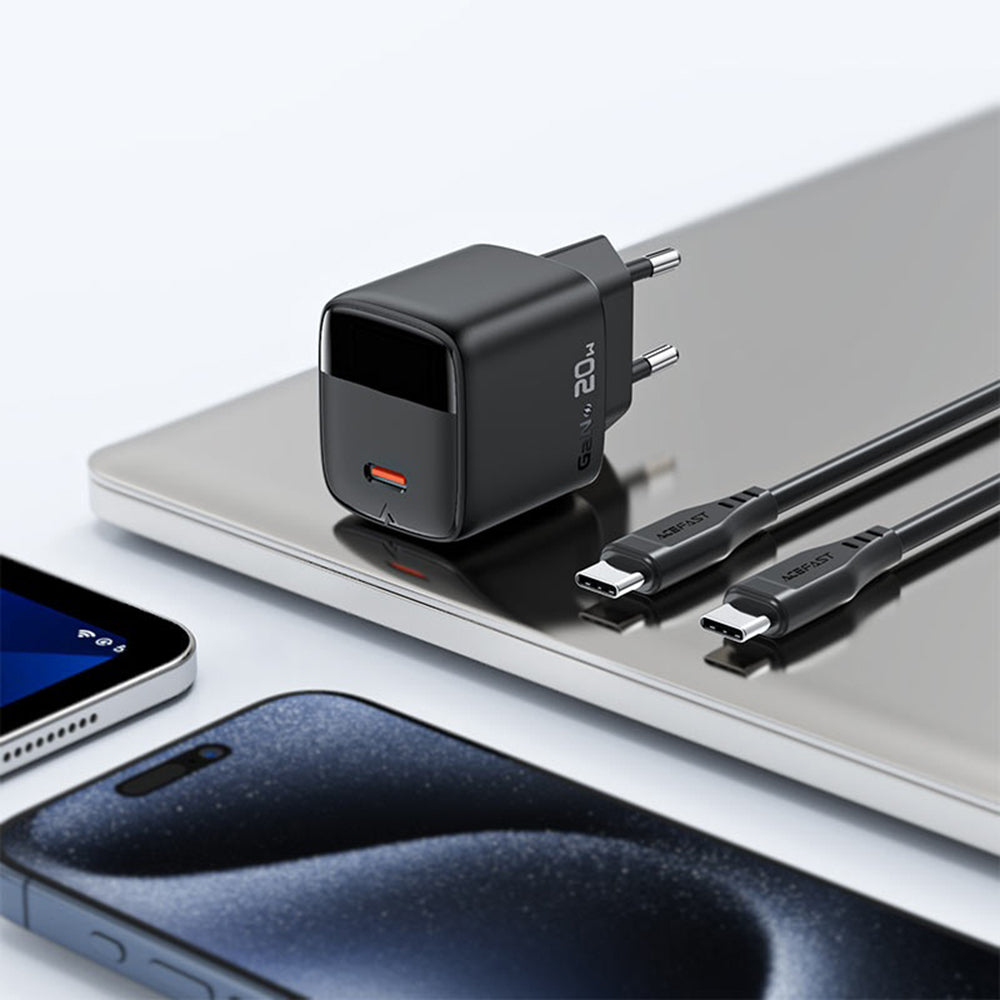 Netwerkoplader met USB-C Kabel Acefast A113 Display, 20W, 3A, 1 x USB-C, Zwart