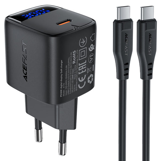 Netwerkoplader met USB-C Kabel Acefast A115 Display, 30W, 3A, 1 x USB-C, Zwart