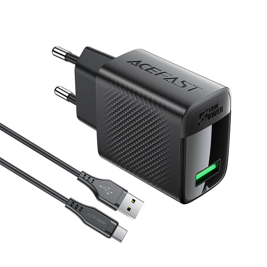 Netwerkoplader met USB-C Kabel Acefast A90, 18W, 3A, 1 x USB-A, Zwart