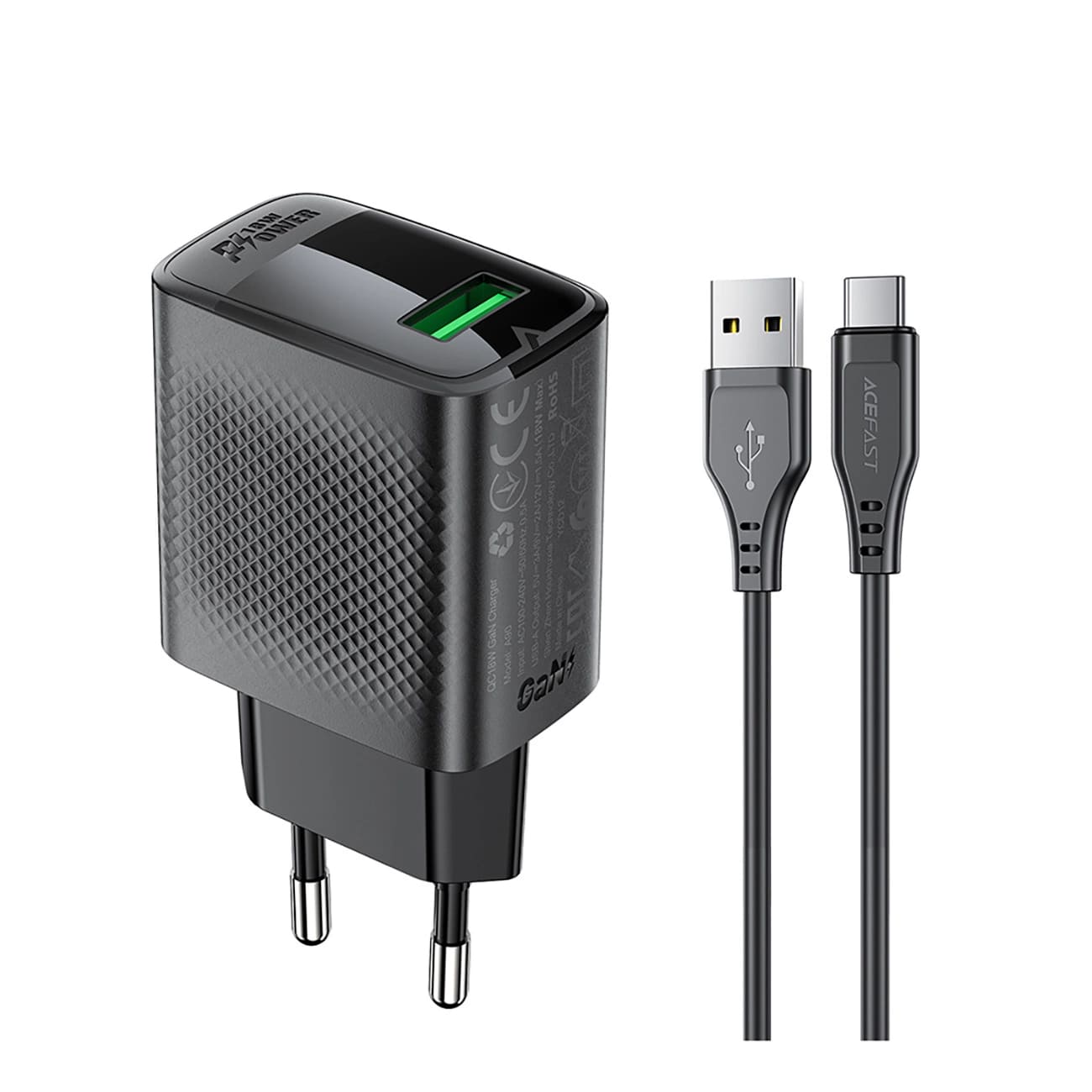 Netwerkoplader met USB-C Kabel Acefast A90, 18W, 3A, 1 x USB-A, Zwart