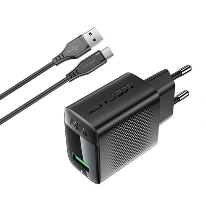Netwerkoplader met USB-C Kabel Acefast A90, 18W, 3A, 1 x USB-A, Zwart
