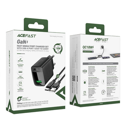 Netwerkoplader met USB-C Kabel Acefast A90, 18W, 3A, 1 x USB-A, Zwart